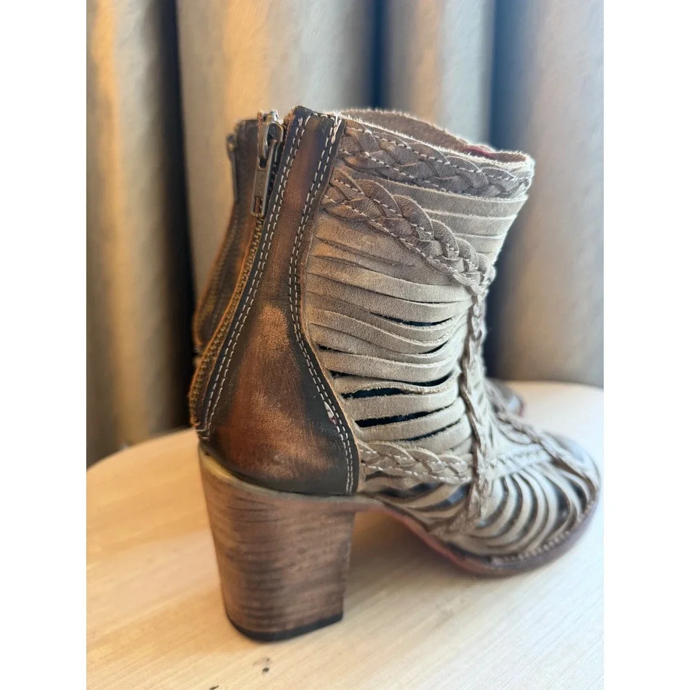 Freebird by Steven Bela Taupe Leather Braided Cage Booties Open Toe Size 8